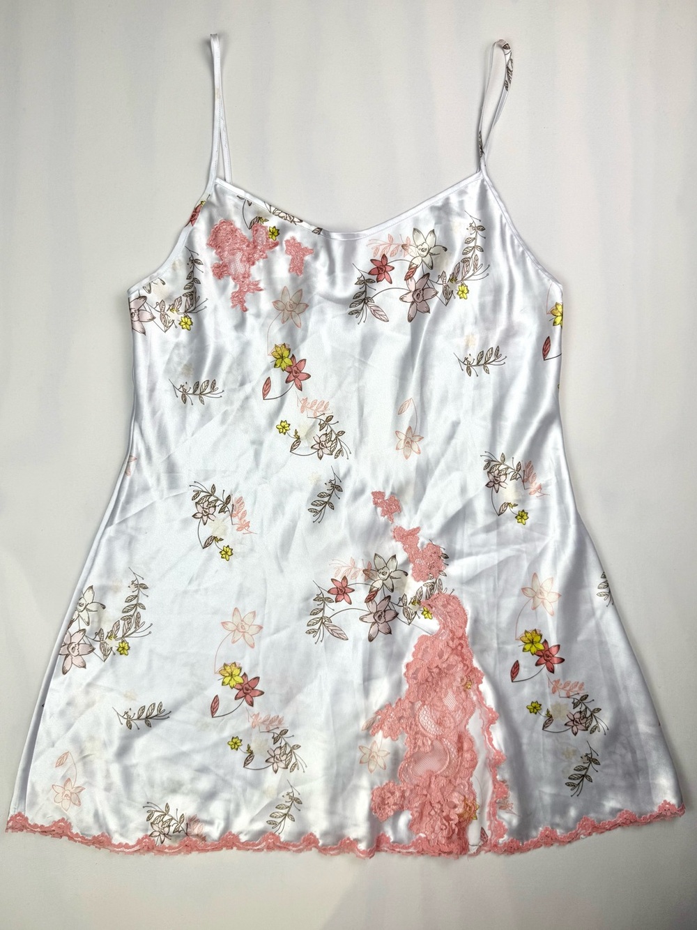 Y2K Victoria Secret White Satin Floral Slip Dress with Pink Coral Lace